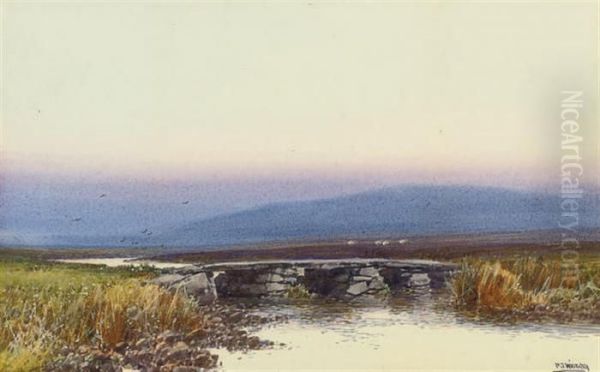 A Clapper Bridge Over The River Teign, Dartmoor Oil Painting by Frederick John Widgery