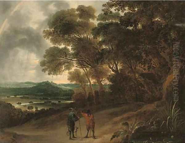 A wooded river landscape with figures conversing on a track Oil Painting by David The Younger Teniers