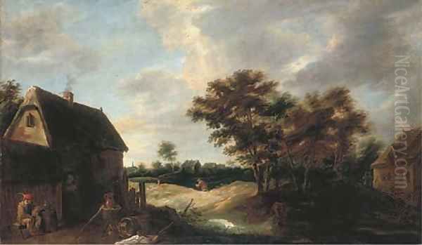 A wooded village landscape with a peasant resting outside a farmhouse Oil Painting by David The Younger Teniers