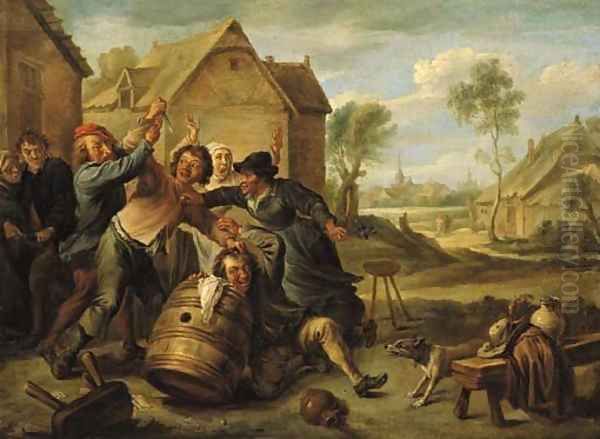 Boors fighting over cards by an inn Oil Painting by David The Younger Teniers