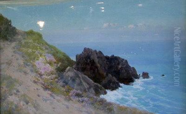 Headland Rocks, Newquay, Cornwall. Oil Painting by Frederick John Widgery