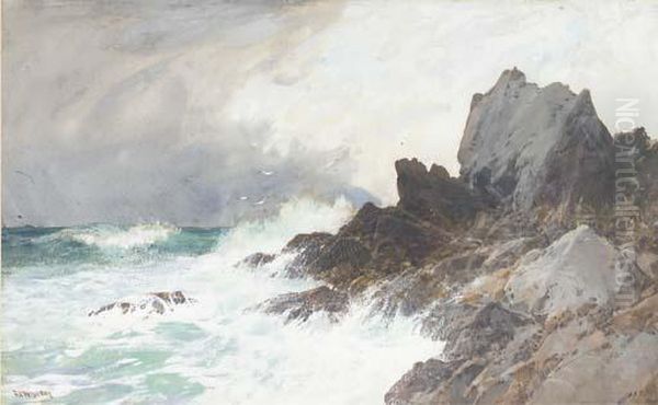 Waves Crashing Against The Headland Oil Painting by Frederick John Widgery