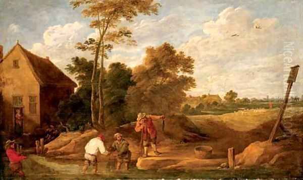 Figures fishing in a stream by a cottage Oil Painting by David The Younger Teniers