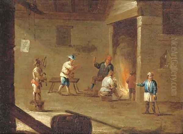 Figures in an interior smoking and drinking by a fire, with another figure playing the doodle-sack Oil Painting by David The Younger Teniers