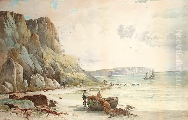 Tying The Nets On A Cornish Beach Oil Painting by Frederick John Widgery