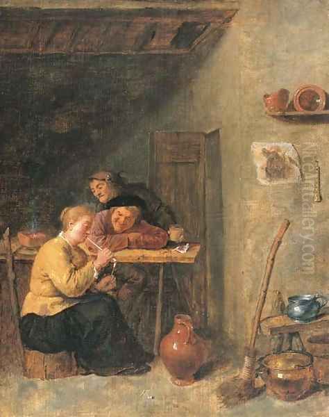 Peasants and a serving maid in a tavern Oil Painting by David The Younger Teniers