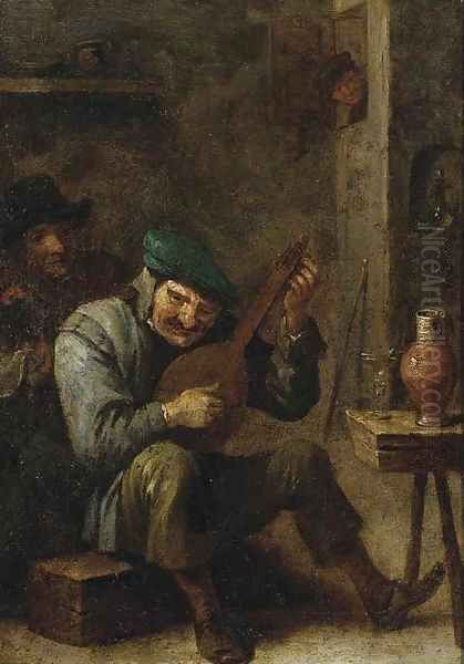 Peasants making music in an interior, with a roemer of wine on a stool Oil Painting by David The Younger Teniers