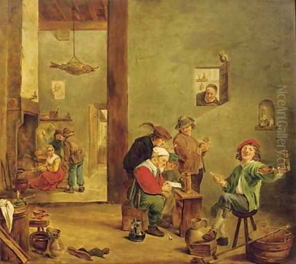 Peasants reading a letter, drinking and smoking in an inn, figures by a fireplace beyond Oil Painting by David The Younger Teniers