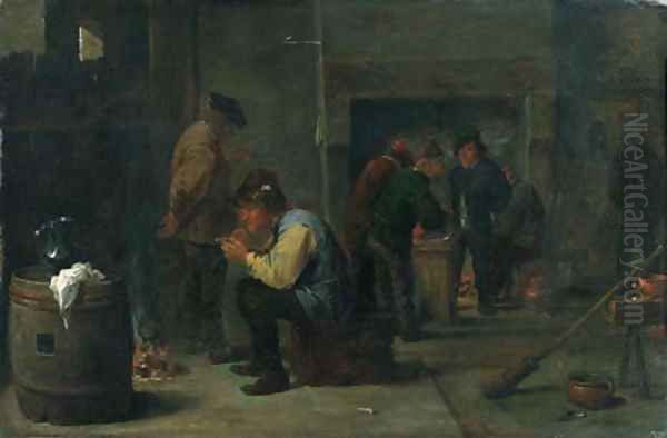 Peasants smoking others standing by a fireplace beyond, in an inn Oil Painting by David The Younger Teniers