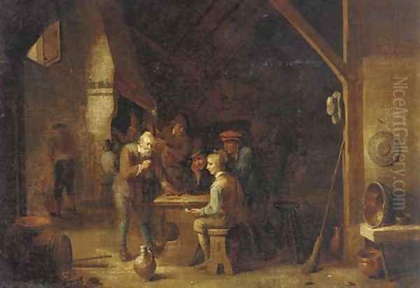 The interior of an inn with peasants smoking and conversing by a table Oil Painting by David The Younger Teniers