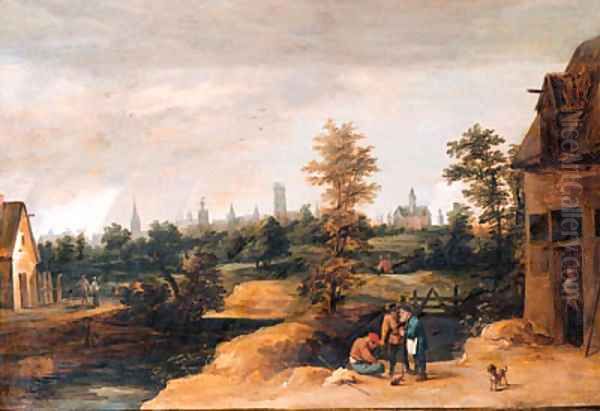 Travellers resting by a farmhouse, a town beyond Oil Painting by David The Younger Teniers