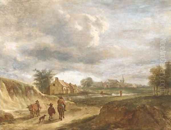 A river landscape with travellers on a track, a town beyond Oil Painting by David The Younger Teniers