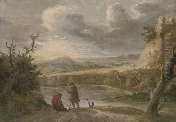 A river landscape with travellers resting on a trac Oil Painting by David The Younger Teniers