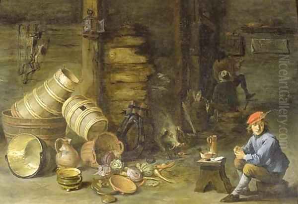 A young man filling a pipe in an interior Oil Painting by David The Younger Teniers