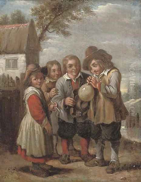 Children blowing a bladder Oil Painting by David The Younger Teniers