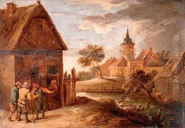 Figures outside a cottage, a town beyond Oil Painting by David The Younger Teniers