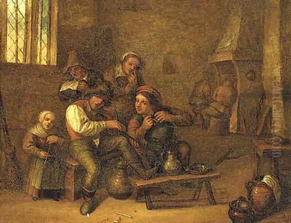 Peasants drinking and smoking in an interior Oil Painting by David The Younger Teniers