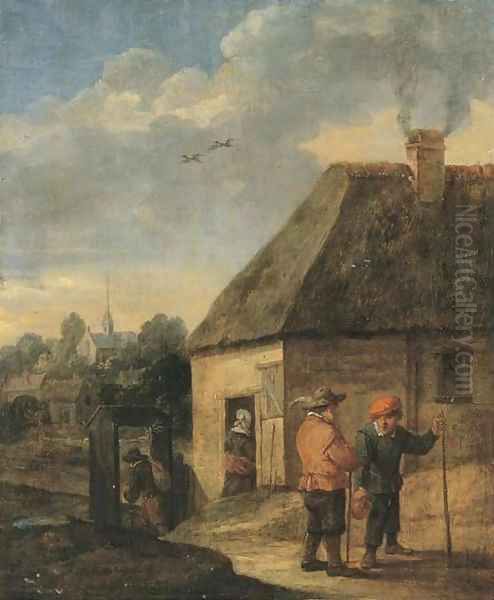 Travellers conversing outside an inn Oil Painting by David The Younger Teniers