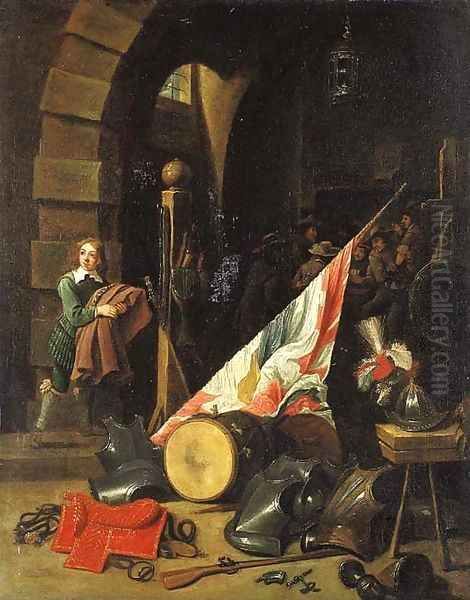 Armour, a saddle, a drum, a banner, a plumed helmet on a bench and other objects in a guardroom Oil Painting by David The Younger Teniers