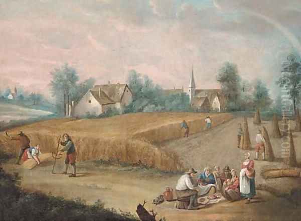 Skittle players in a village; and Peasants harvesting wheat and eating Oil Painting by David The Younger Teniers