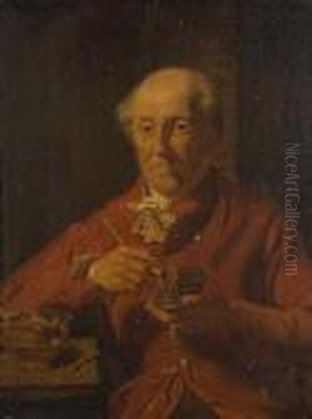 Portrait Of A Seated Gentleman In Red Coat Preparing A Pipe Oil Painting by Sir David Wilkie