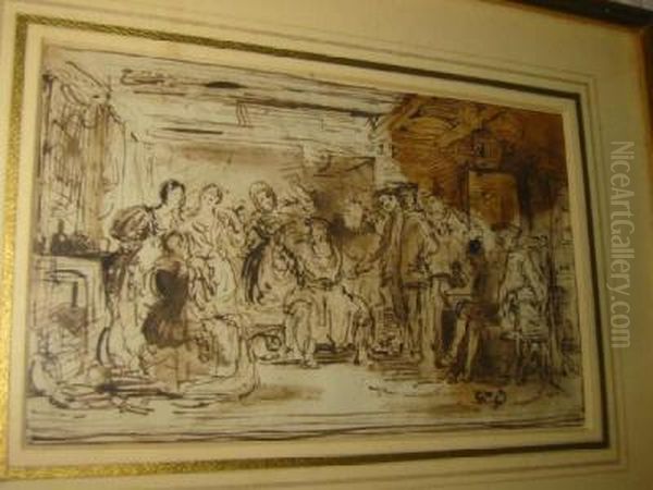 Interior With Figures, Pen Sketch Oil Painting by Sir David Wilkie