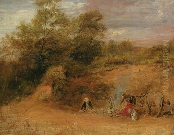 Travellers And Donkeys By A Camp Fire In A Wooded Landscape Oil Painting by Sir David Wilkie