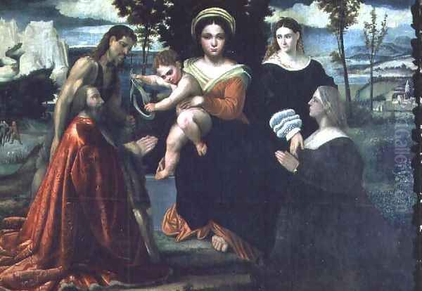 Madonna and Child enthroned with saints and donors Oil Painting by Francesco (Il Moro) Torbido