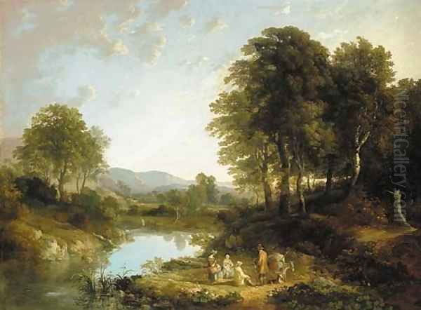 A wooded river landscape with figures in the foreground, traditionally identified as 'On the Teign' Oil Painting by William Traies