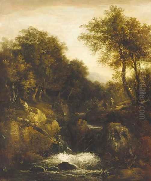 Anglers in a wooded river valley Oil Painting by William Traies