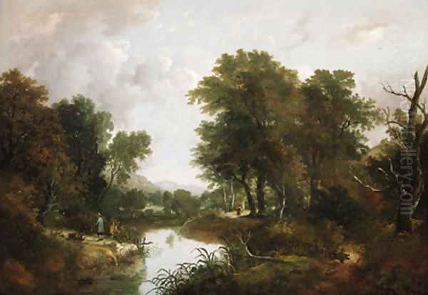 Figures in a wooded river landscape Oil Painting by William Traies