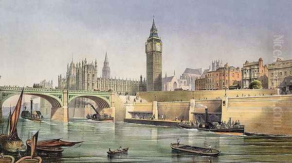 Thames Embankment showing the Steam Boat Landing Pier at Westminster Bridge, engraved by Day and Son, 1864 Oil Painting by Thomas, Robert Kent