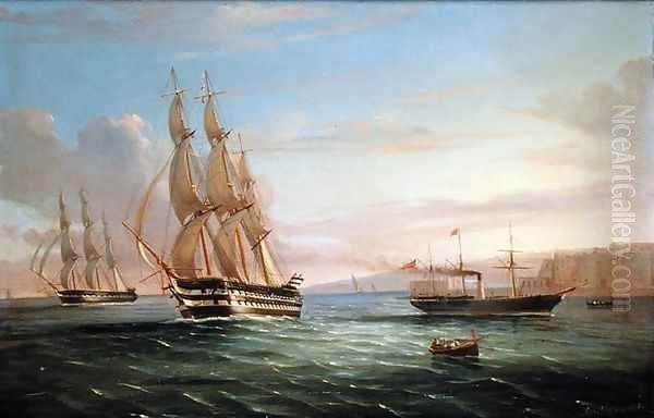 Ship from a British Squadron and Other Craft underway in the Western Reaches of the Bay of Naples Oil Painting by de Simone Tommaso