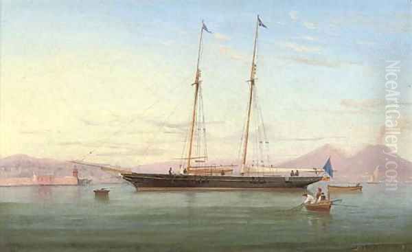 A British racing schooner lying off Naples Oil Painting by de Simone Tommaso