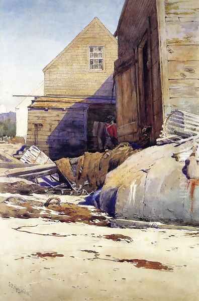 Fish Houses and Beach Oil Painting by Samuel Triscott