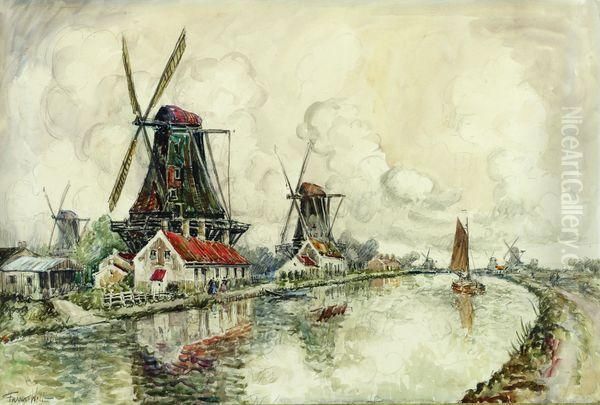 Moulins Au Bord Du Fleuve Oil Painting by Frank Will