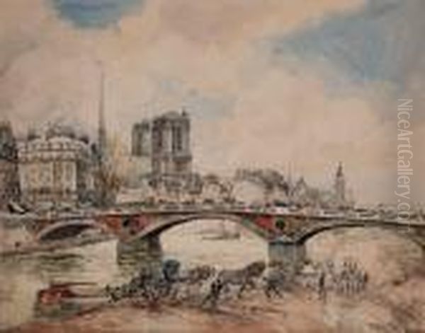 Vue Du Pont Louis-philippe A Paris Avec La Cathedrale Notre-dame A L'arriere-plan Oil Painting by Frank Will