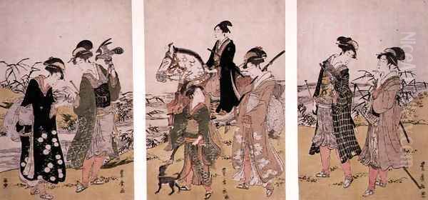 Hawking Party triptych, c.1790 Oil Painting by Utagawa Toyohiro