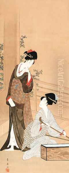 Two geisha preparing for a concert Oil Painting by Utagawa Toyohiro