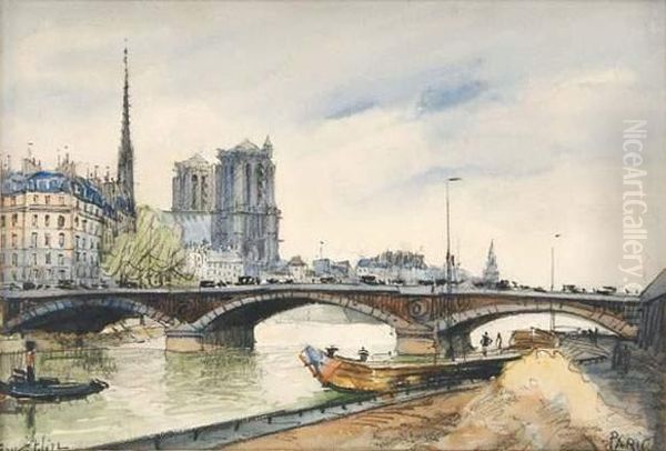 La Seine A Notre-dame Oil Painting by Frank Will