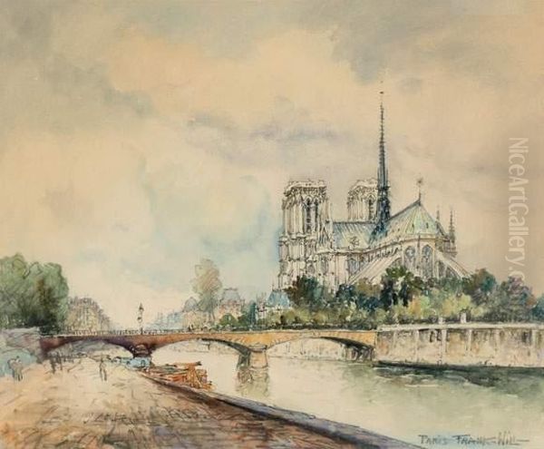 Le Pont De L'archeveche Et Notre Dame, Paris
 Aquarelle Sur Papier, Signee Et Situee En Bas A Droite by Frank Will