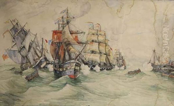 Combat Naval Au Xviieme Siecle Oil Painting by Frank Will