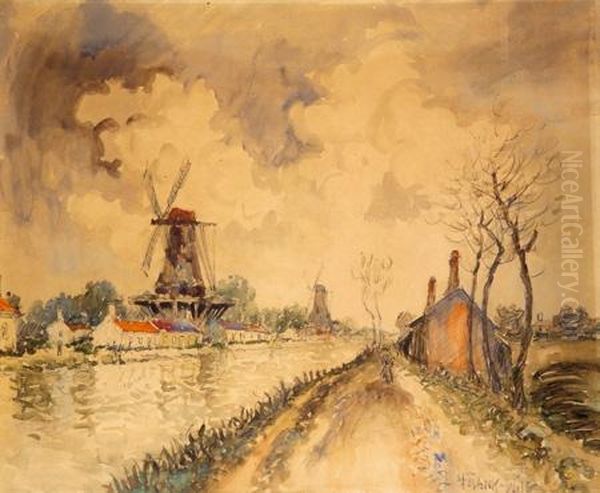 Moulins Au Bord D'un Canal Oil Painting by Frank Will