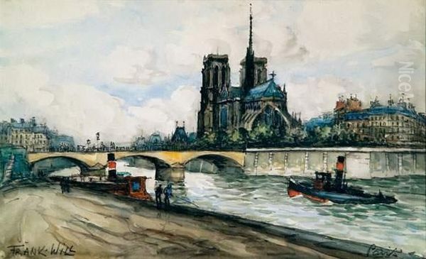 Vue Du Pont De L'archeveche Et De Notre-dame De Paris Oil Painting by Frank Will