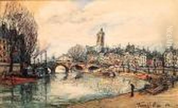 Paris, Les Quais, L'ile Saint-louis Et Le Pont Napoleon Oil Painting by Frank Will