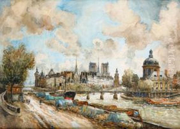 Paris, Les Quais, Vue De La Cite, Vers 1940. Oil Painting by Frank Will