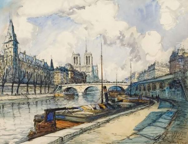 La Seine Vue De Notre Dame. Oil Painting by Frank Will