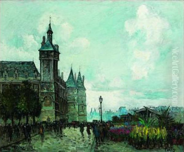 Marche Aux Fleurs Sur La Seine, Paris Oil Painting by Frank Will