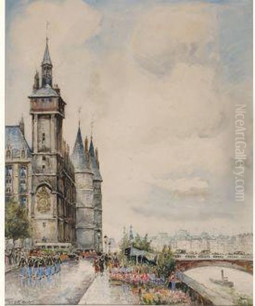 Le Marche Aux Fleurs, Quai De La Monnaie, Paris Oil Painting by Frank Will