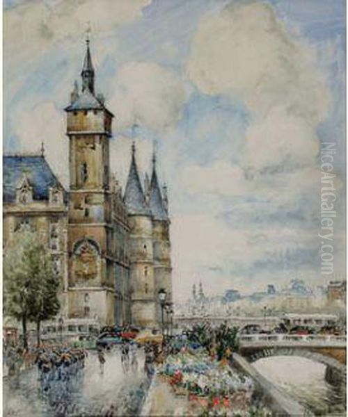 Les Quais De La Monnaie, Paris Et Le Marche Aux Fleurs Oil Painting by Frank Will